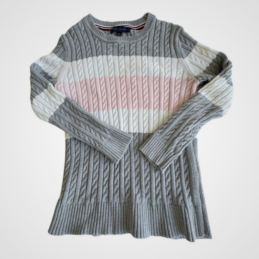 Tommy Hilfiger Sweater Gray Pink Striped Cable Knit Preppy‎ Classic Kids Large